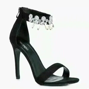 Boohoo Women's Lexi Embellished Ankle Band 2 Part Black Heels Sandals Sz 6 US